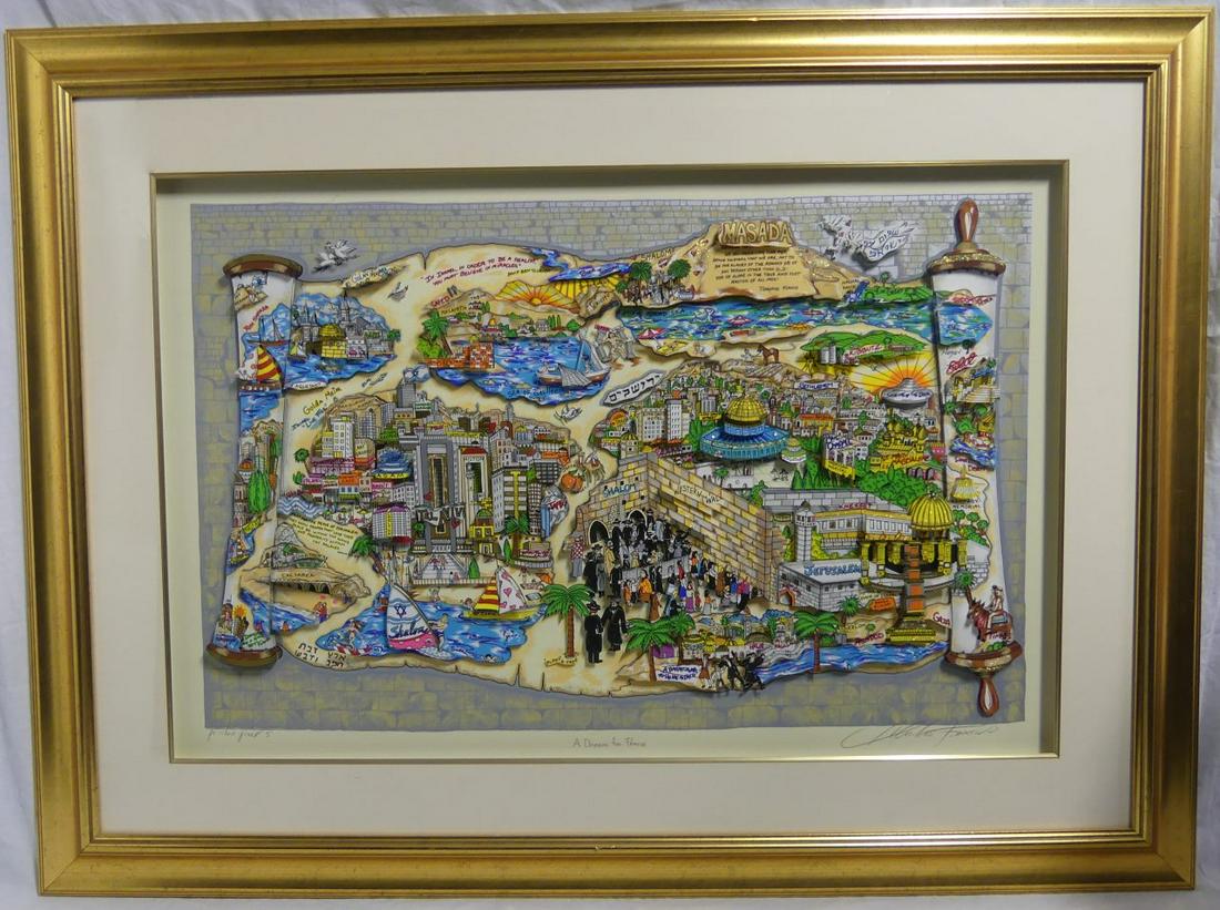 CHARLES FAZZINO 'A DREAM FOR PEACE' 3D SERIGRAPH: Charles Fazzino (American, b. 1955) 3-D pop art Judaica serigraph titled "A Dream for Peace'. Depicts Israel on a scroll. Pencil signed lower right. Numbered Printer's Proof 5 lower left and titled lo