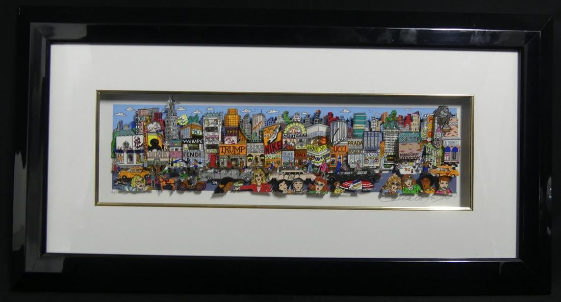 CHARLES FAZZINO 'N.Y. CASH OR CHARGE' 3D SERIGRAPH: Charles Fazzino (American, b. 1955) 3-D pop art serigraph titled 'N.Y. CASH or CHARGE?' Deluxe Edition with crystals. Depicts various figures, buildings and stores in New York City including Trump Tow