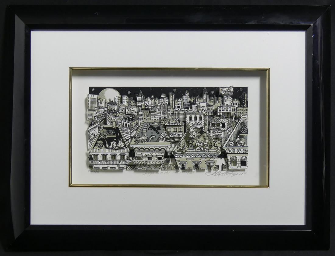 CHARLES FAZZINO 'DOGS ON A HOT TIN RUFF-RUFF' 3D: Charles Fazzino (American, b. 1955) 3-D pop art serigraph titled 'Dogs on a Hot Tin Ruff-Ruff'. Deluxe Edition with crystals. Pencil signed lower right. Numbered 8/150 lower left and titled lower cent
