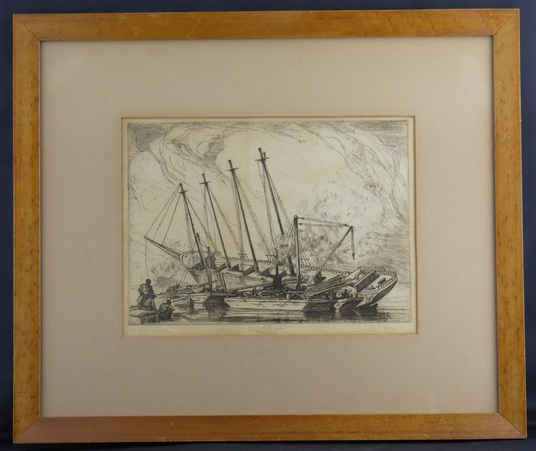 SHIPWRECK ETCHING: Shipwreck etching. Inscribed to lower margin 'To Vera Wittlove - Georges Fawutt (?) - II-100. Measures 11 1/4" x 8 1/2" + 4" mat & frame.