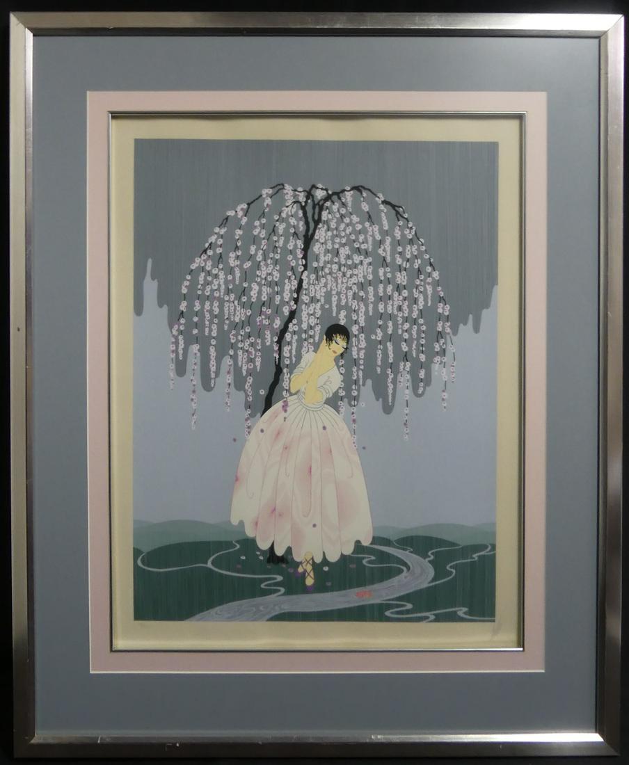 ERTE 'BLOSSOM UMBRELLA' SERIGRAPH: Erte (Romain De Tirtoff, Russian/French, 1892-1990) serigraph titled 'Blossom Umbrella'. Pencil signed lower right and numbered 76/300 lower left. Measures 26 1/4" x 20 1/4" + 5" mat & frame.