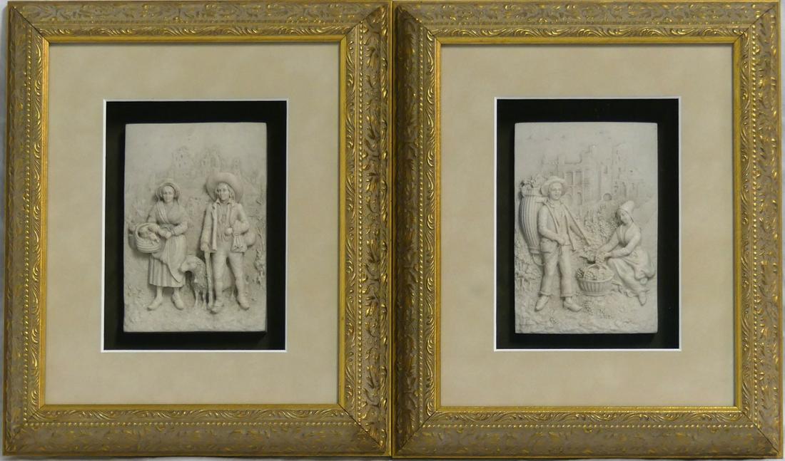 PR C.F. BECKER MARBLE RELIEF PLAQUES: Pair of C.F. Becker marble composition relief plaques. One depicts a shepherd and shepherdess. The second depicts a male and female figure with basket full of grapes. Each signed C.F. Becker lower lef