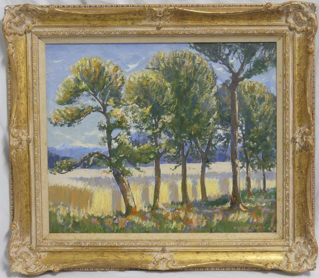 NORMAN LLOYD IMPRESSIONIST LANDSCAPE OIL ON CANVAS: Norman Lloyd (Australian/English, 1895-1983) oil painting on canvas depicting an impressionist landscape with trees and wheat. Signed lower right. Measures 21" x 17 1/2" + 3 1/2" frame.