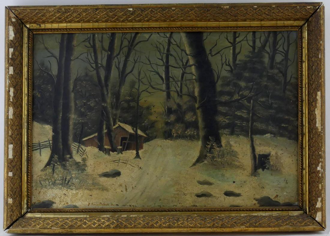 ANTIQUE PRIMITIVE LANDSCAPE OIL PAINTING ON BOARD: Antique oil painting on board depicting a primitive snowy landscape with cabin. Measures 18" x 12" + 2" frame. Provenance: From a Cape Cod estate.