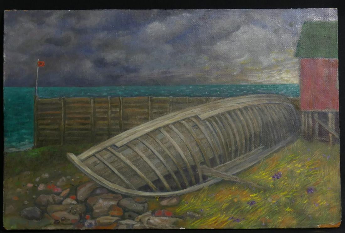 JAMES BONELLI 'STORM WARNING' OIL PAINTING / BOARD: James Bonelli (American, 1916-2000) oil painting on board depicting a coastal landscape with boat. Signed and titled 'Storm Warning' to verso. Measures 19 3/4" x 13".