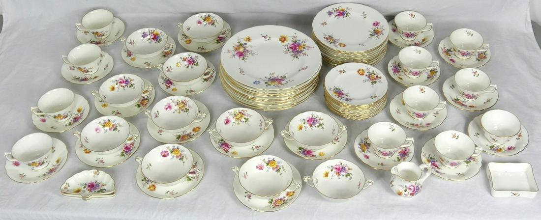 83pc ROYAL CROWN DERBY 'DERBY POSIES' CHINA SET: 83 pieces of Royal Crown Derby porcelain dinnerware in the 'Derby Posies' pattern. Each piece marked to underside. Includes 11 dinner plates-10 1/2", 12 salad plates-8 1/2", 12 bread and butter plates
