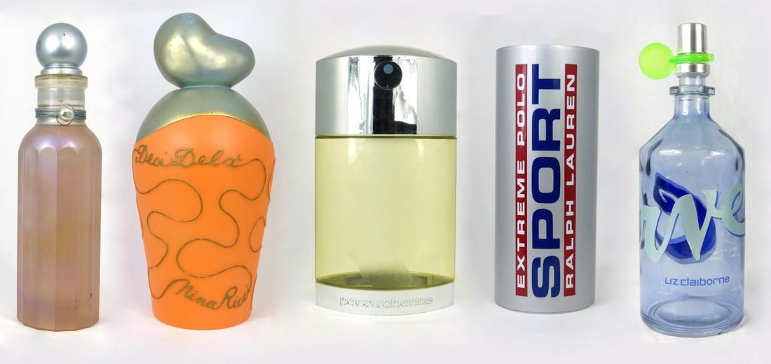 5pc FACTICE PERFUME BOTTLES: Five factice perfume and men's cologne bottles including Polo Sport Extreme by Ralph Lauren, Liz Claiborne Curve, Nina Ricci Deci Dela, Paco Rabanne XC and Giorgio Beverly Hills. Largest measures 17 1