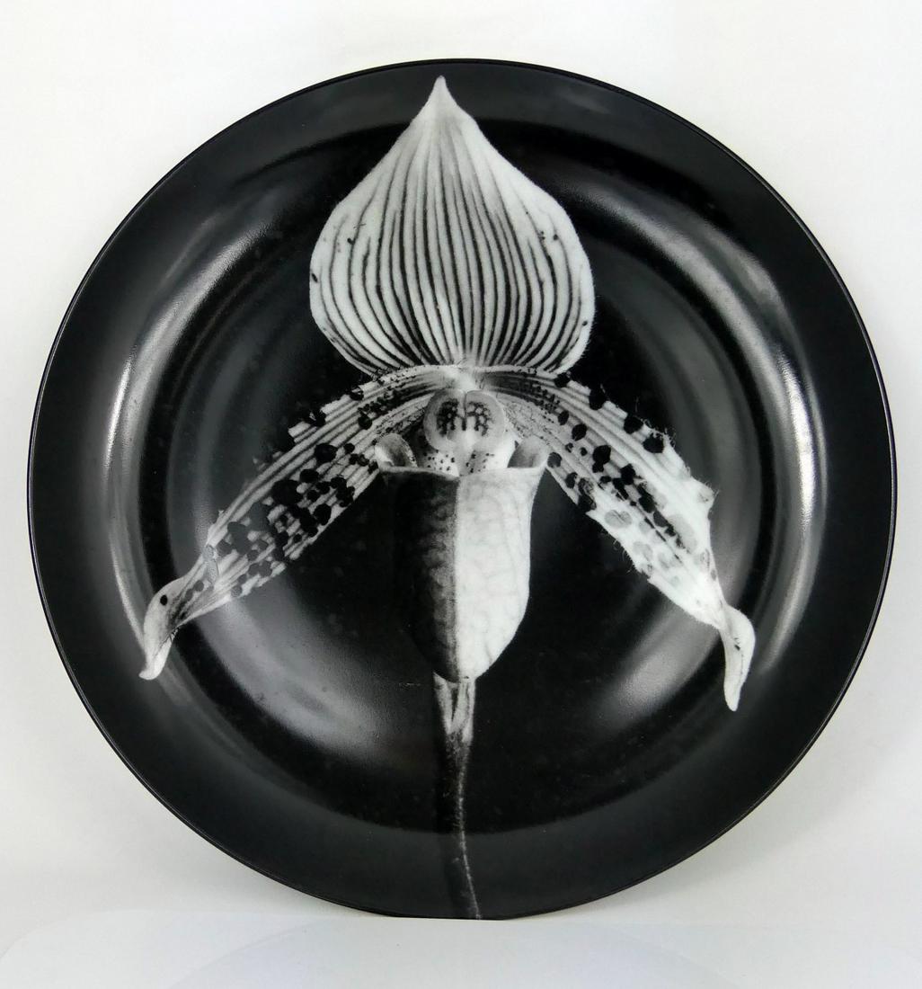 AFTER ROBERT MAPPLETHORPE PORCELAIN 'ORCHID' PLATE: After Robert Mapplethorpe porcelain 'Orchid' plate. Signed to underside, marked Swid Powell and titled 'Orchid, 1987'. Measures 12" diameter.
