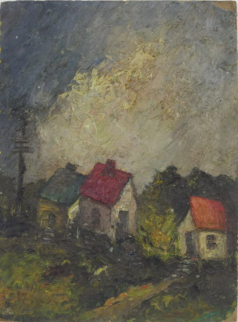 GABRIELE MUNTER OIL PAINTING ON BOARD: Gabriele Münter (German, 1877-1962) attributed oil painting on board depicting an expressionist landscape with houses. Initialed upper right. Measures 8" x 6".