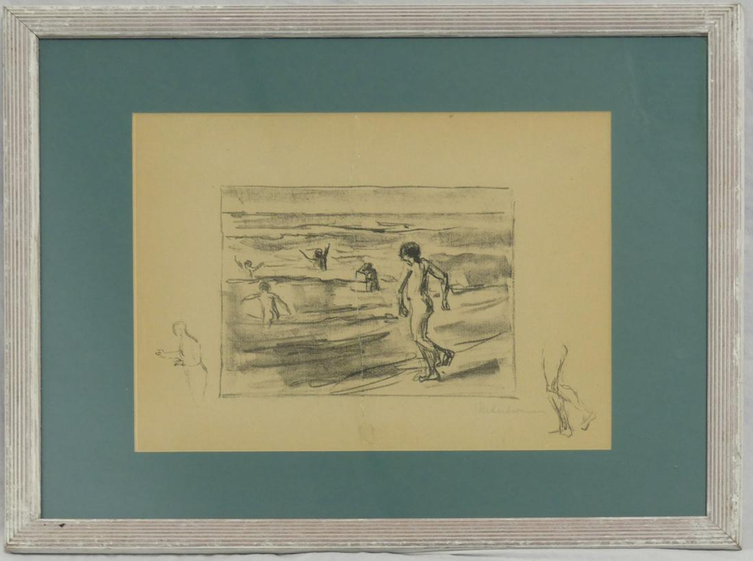 MAX LIEBERMANN SIGNED ETCHING w SKETCH: Max Liebermann (German, 1847-1935) original etching depicting boys swimming at the beach. Pencil signed lower right. Two figural sketches in margins. Measures 13 3/4" x 10 3/4" + 3 1/2" mat & frame.