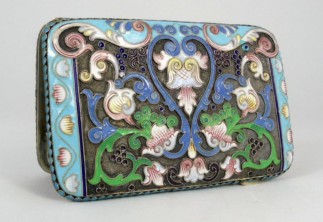 MARIA SEMENOVA RUSSIAN ENAMELED SILVER BOX: Maria Semenova Russian 875 silver and enamel box. Hallmarked MC in an oval and 84. Moscow, 1907-1917. Measures 4 1/4" length.