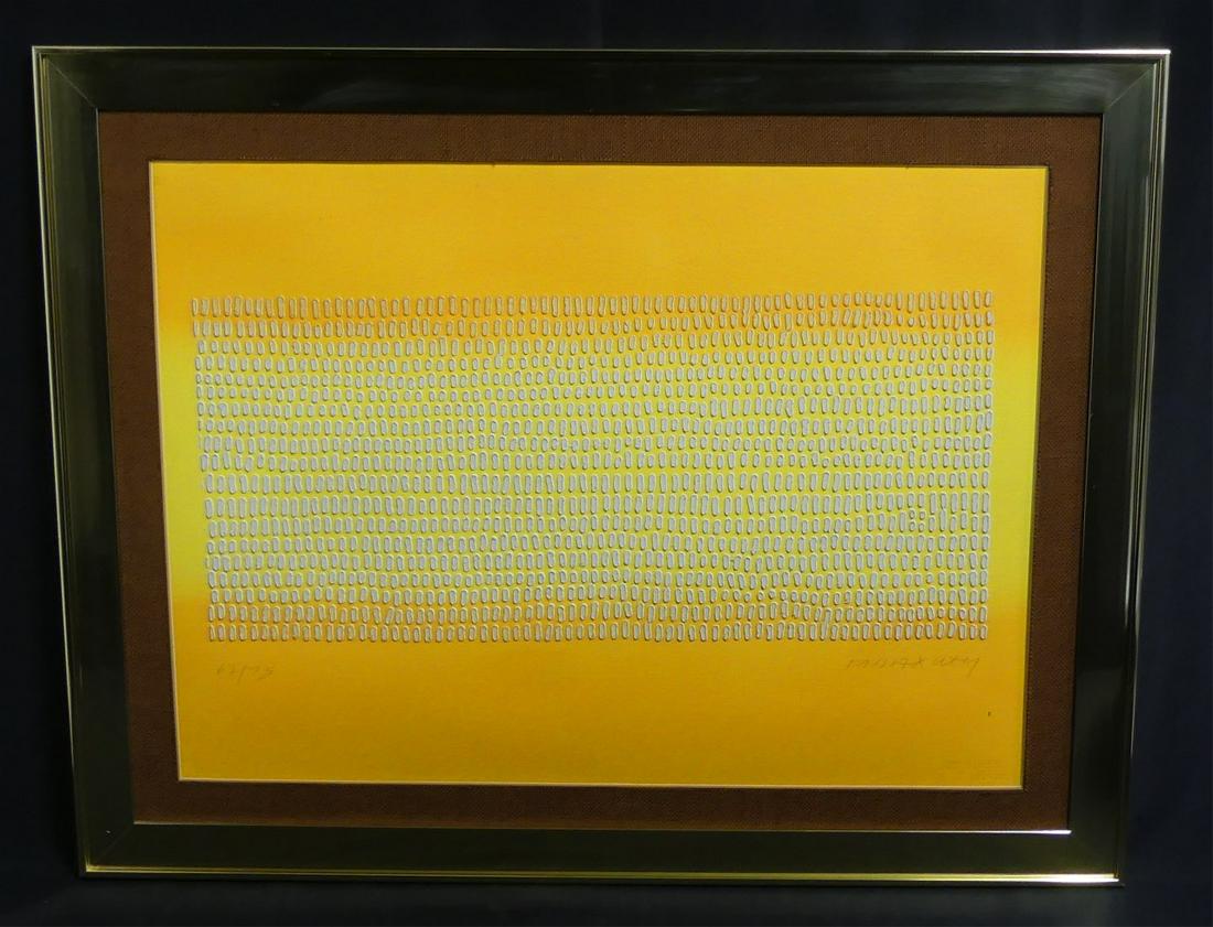 GEOMETRIC SILKSCREEN INTAGLIO SIGNED & NUMBERED: Geometric Op Art silkscreen intaglio on Arches paper. Signed illegibly lower right and numbered 62/75 lower left. Measures 29 1/4" x 21 1/2" + 3 3/4" mat & frame.