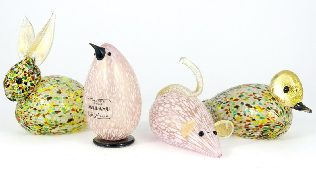 4pc MURANO ART GLASS ANIMAL FIGURES: 4 Murano art glass animal sculptures including a penguin, mouse / rat, duck and bunny rabbit. Each holds Murano label. Mouse and penguin also hold S. Puccini label. Largest measures 5 1/4" length.