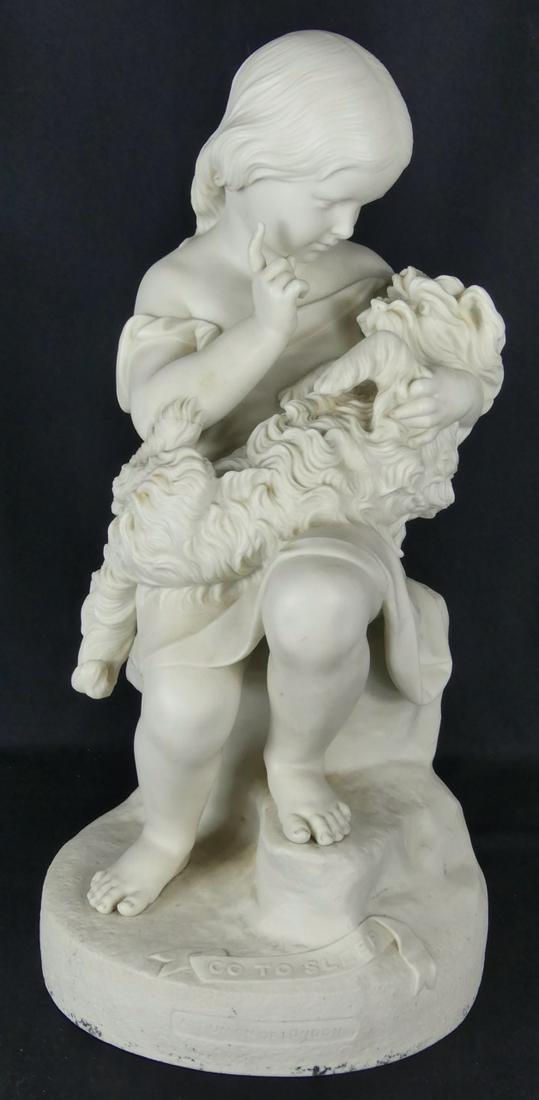 COPELAND PARIAN FIGURAL GROUP 'GO TO SLEEP': Copeland Parian porcelain figural group titled 'Go To Sleep'. Depicts a young girl with dog. Impressed 'Art Union of London' to front and J. Durham Sc, 1862, Copeland to verso. Measures 17" height.