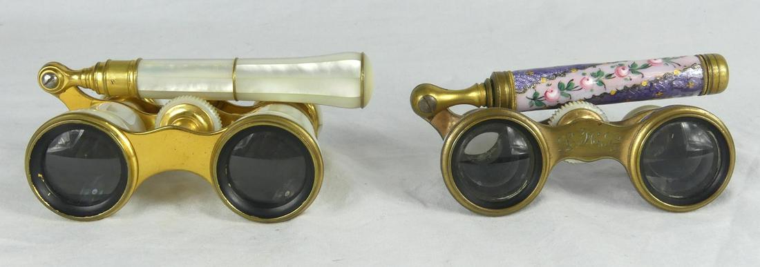 2pc FRENCH OPERA GLASSES MOTHER OF PEARL ENAMEL: 2 pair of French opera glasses including Lemair Paris with mother of pearl overlay and Jaccard Jewelry Co with guilloche enameled decoration. Largest measures 4 5/8" width in folded position.