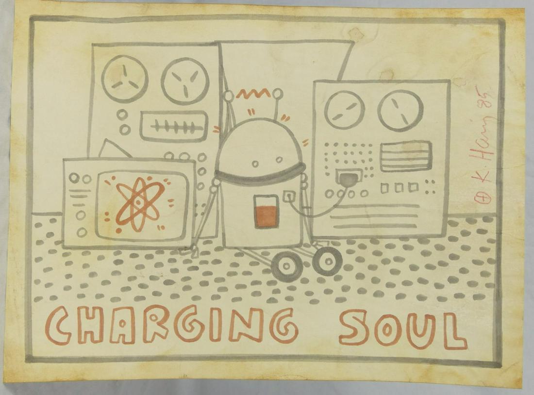 KEITH HARING 'CHARGING SOUL' MARKER ON PAPER: Marker drawing on paper in the manner of Keith Haring. Depicts a seated robot plugged into a charging station. Hand signed and dated 1985 upper right. Titled 'Charging Soul' along lower edge. Measures