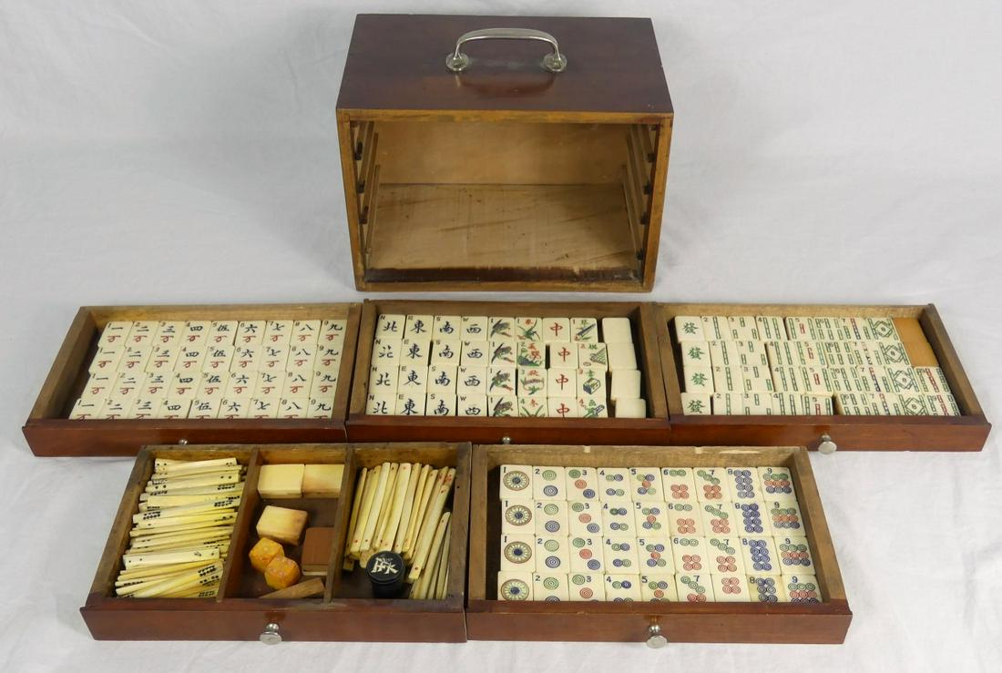 VINTAGE BONE MAHJONG SET: Vintage bone Mahjong set with tiles, sticks, dice and 4 extra blank tiles. Five drawer box measures 10" length x 8" height including handle.