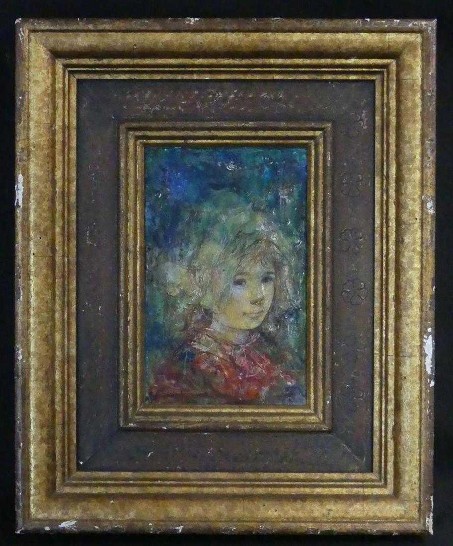EDNA HIBEL PORTRAIT OIL PAINTING ON BOARD: Edna Hibel (American. 1917-2014) oil painting on board depicting a portrait of a young girl. Signed lower left. Measures 8 3/8" x 5 1/4" + 4" frame.