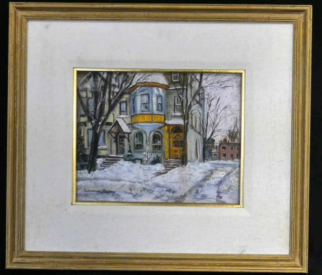 LUCIENNE ZEGRAY WINTER LANDSCAPE PASTEL ON PAPER: Lucienne Zegray (Canadian, b. 1939) pastel on paper. Signed lower left. Titled 'Noel - 415 Mount Pleasant' to label to verso. Measures 9 1/2" x 7 5/8" + 4" frame.