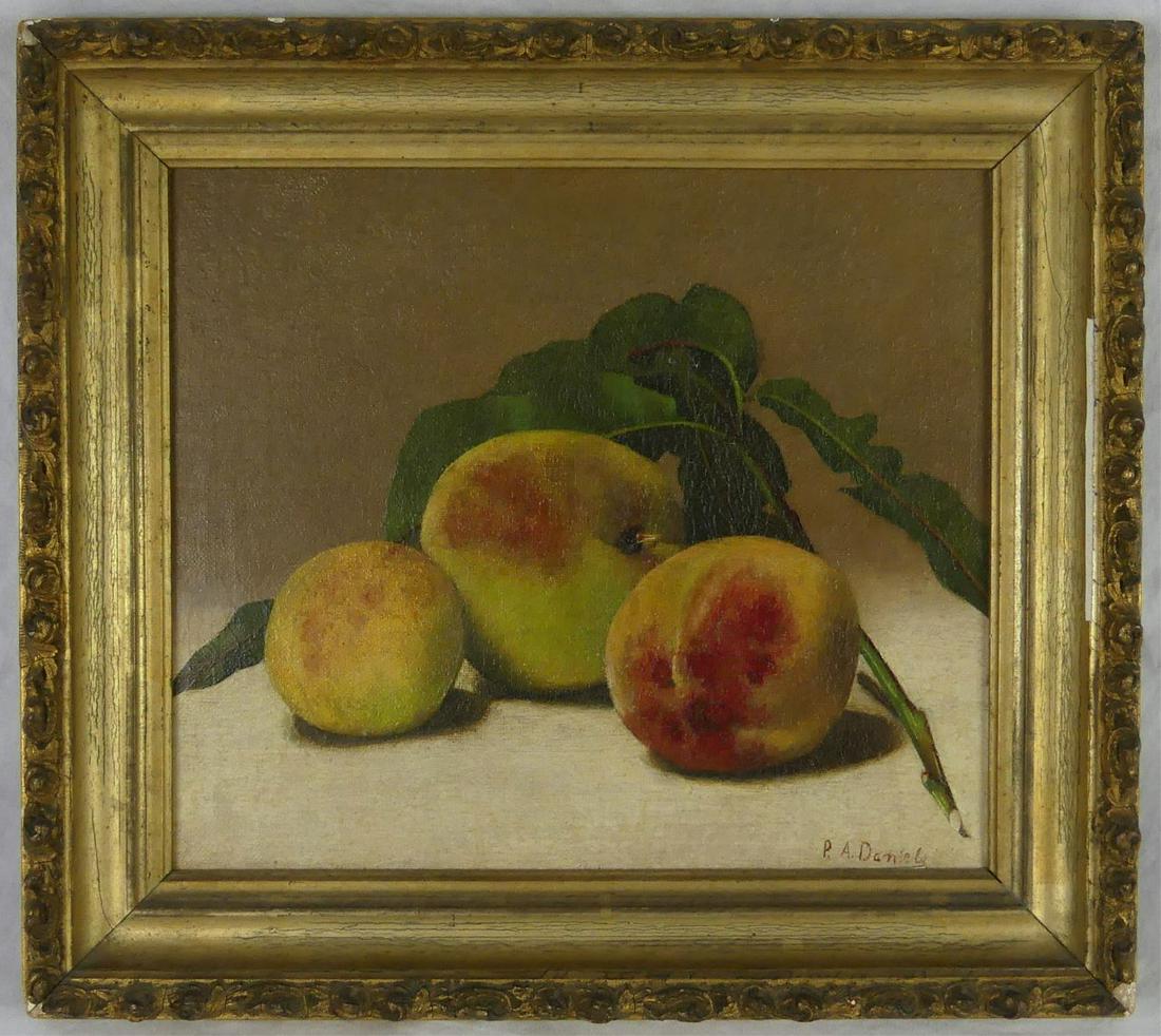 P. A. DANIELS 'STILL LIFE' OIL PAINTING ON CANVAS: P Augusta Daniels (American, 19th century) oil painting on canvas depicting a still life with fruit. Signed lower right. Measures 8 3/4" x 7 1/2' + 1 1/2" frame.