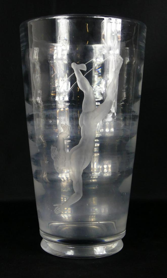 VICKIE LINDSTRAND FOR ORREFORS 'PEARL DIVER' VASE: Vicke Lindstrand (Swedish, 1904-1983) for Orrefors etched blown glass vase titled 'Pearl Diver'. Signed and numbered to underside. Measures 11" height.