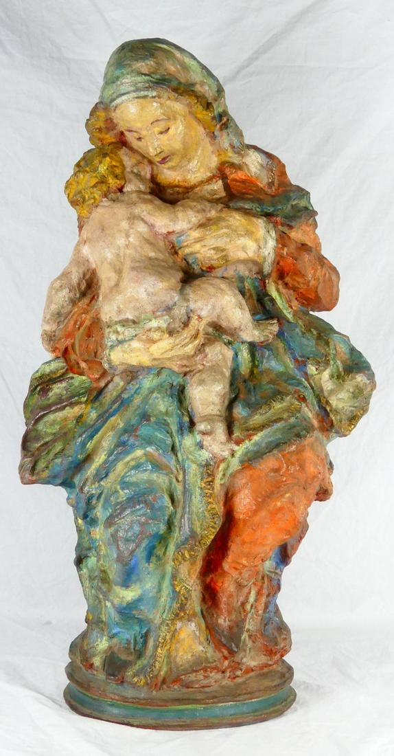 HANS GERDES 'MADONNA MIT KIND' CERAMIC SCULPTURE: Hans Gerdes (German, 1906-1979) polychromed terracotta sculpture depicting Madonna and Child. Signed to verso. Measures 27" height x 16" width.