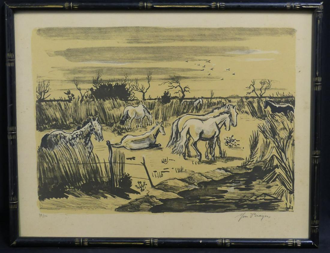 YVES BRAYER 'CHEVAUX EN CAMARGE' LITHOGRAPH: Yves Brayer (French 1907-1990) lithograph of horses. Titled 'Chevaux en Camarge'. Pencil signed lower right and numbered 76/100 lower left. Measures 23 5/8" x 18 3/8" + 3/4" frame.