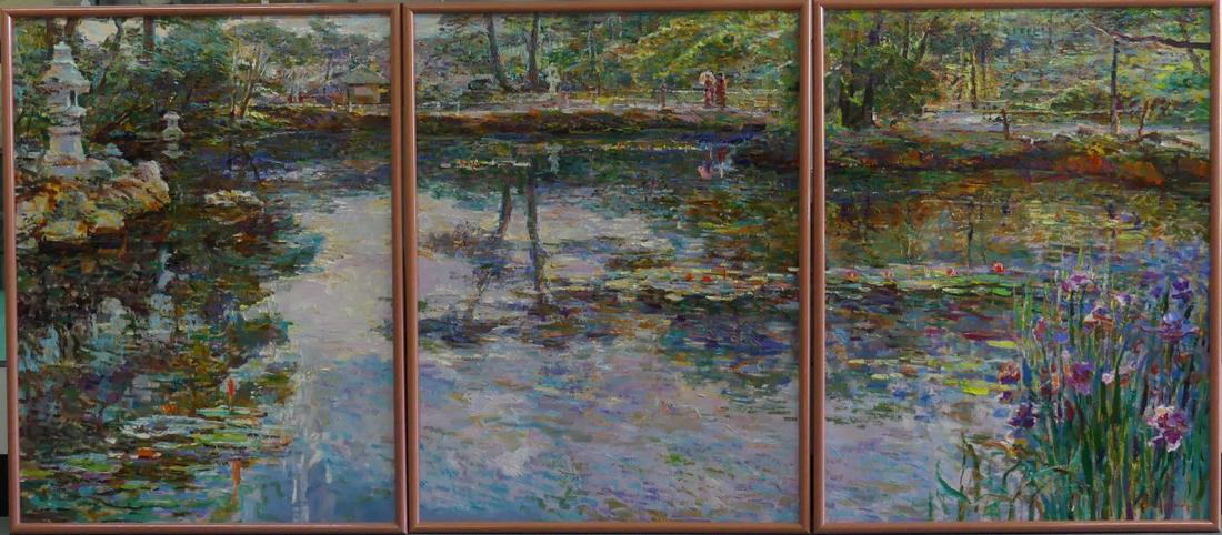 LAU CHUN 'FLORAL POND' TRIPTYCH OIL ON CANVAS: Lau Chun (Chinese/American, b. 1942) triptych oil painting on canvas depicting a pond with flowers, figures and Asian features. Signed lower right to rightmost panel. Each panel measures 39 3/4" x 28