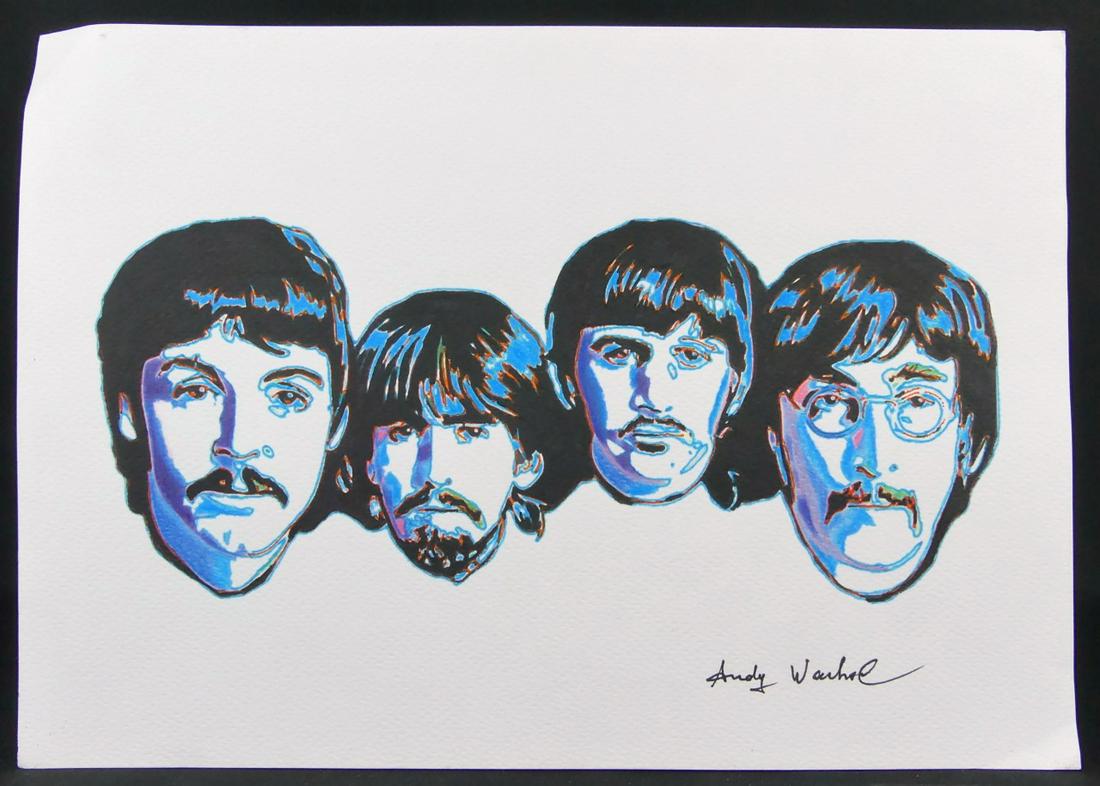 ANDY WARHOL 'THE BEATLES' INK DRAWING ON PAPER: Ink drawing on paper depicting The Beatles attributed to Andy Warhol (American, 1928-1987). Depicts the faces of The Fab Four: John Lennon, Paul McCartney, George Harrison and Ringo Starr in black, bl
