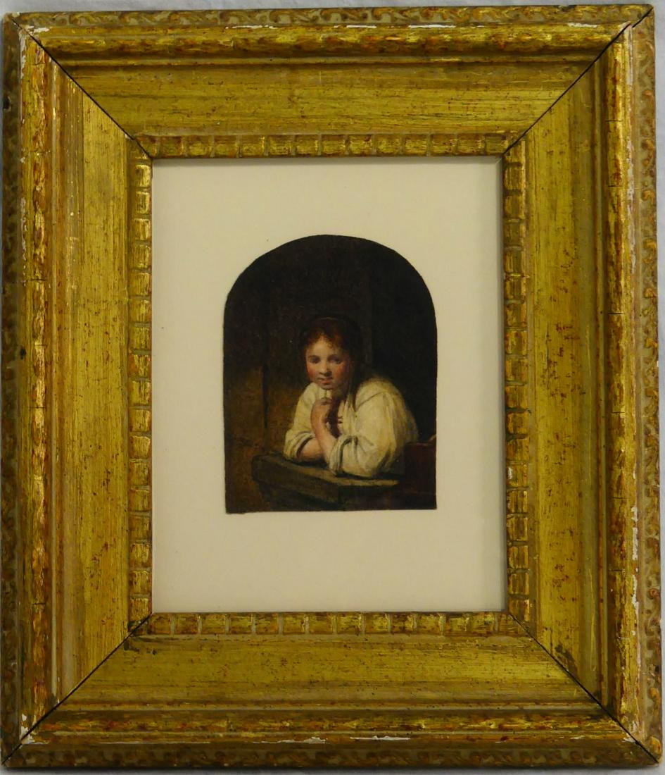 ANTIQUE WATERCOLOR ON PAPER 'GIRL AT WINDOW' ZORN: Watercolor on paper in the manner of Anders Zorn. Depicts a girl at a window. Measures 3 1/4" x 2 5/8" + 2 3/4" frame.