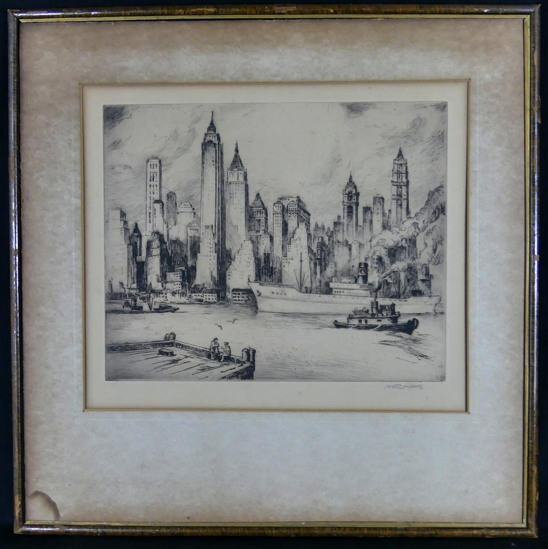 NAT LOWELL 'EAST RIVER SKYLINE' ETCHING: Nat Lowell (Latvian/American, 1880-1956) etching of New York City titled 'East River Skyline'. Pencil signed lower right. Measures 13 3/4" x 11 3/4" + 3 1/2" frame.