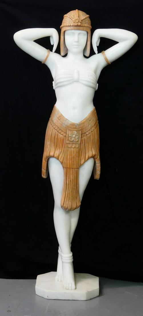 LARGE ART DECO MARBLE SCULPTURE OF DANCER 53in: Large Art Deco white and red marble sculpture of a dancer. Measures 53 1/4" height.