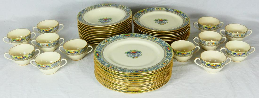48pc LENOX 'AUTUMN' PORCELAIMN DINNER SERVICE: 48 pieces of Lenox porcelain China in the Autumn pattern. Each piece having gilt rim, stylized floral motif with raised enamel elements and marked to underside. Includes 12 dinner plates-10 3/8", 12 l