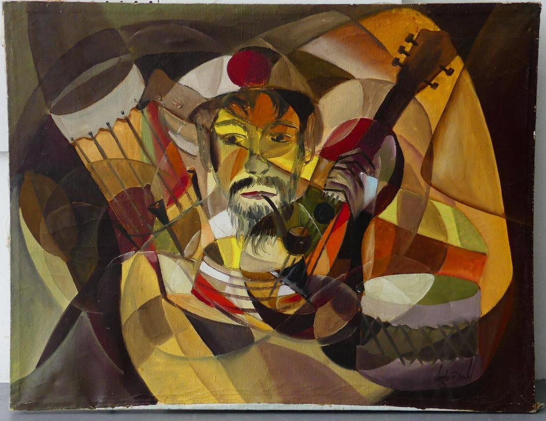 JORGE DUNN 'MUSICIAN' OIL PAINTING ON CANVAS: Jorge Dunn (Panamanian, 1924-2007) oil painting on canvas depicting a man with pipe surrounded by various instruments including a guitar and drums. Signed lower right. Measures 35 3/4" x 27 3/4".