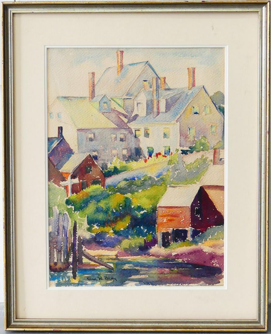 ELSA BLEY WATERCOLOR ON PAPER: Elsa Bley (American, New York, 1903-1990) watercolor on paper depicting a landscape with houses. Signed lower left. Measures 17 1/8" x 12 5/8" + 3" mat & frame.