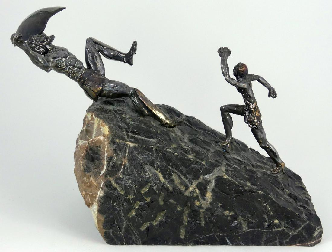 YAACOV HELLER 'DAVID & GOLIATH' STERLING SCULPTURE: Yaacov Heller (Israeli, b. 1941) sculpture depicting sterling silver figures of David and Goliath on a natural-form rock base. Signed to underside of base and inscribed Jerusalem. Measures 11" length 