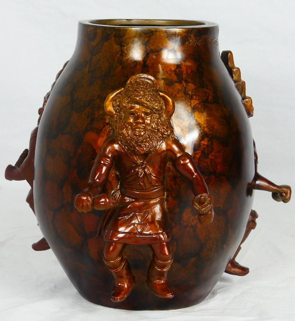 GEORGE WALBYE BRONZE 'KACHINA' VASE: George Walbye (American, b. 1941) figural bronze vase decorated with four ceremonial Kachina dancers. Signed to side of rim, numbered 38/60 and dated 1991. Measures 9" height x 8 1/2" length.