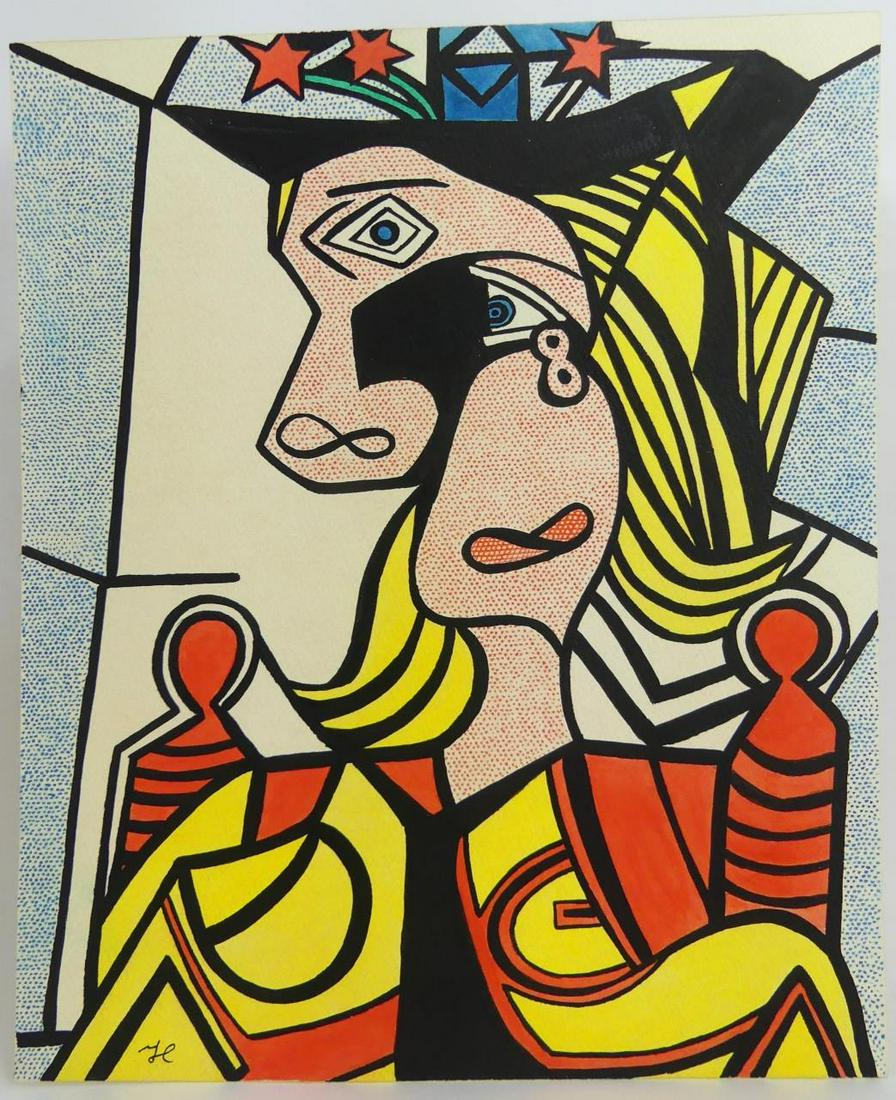 ROY LICHTENSTEIN HOMAGE TO PICASSO DRAWING / PAPER: Hommage to Picasso ink and marker drawing on paper attributed to Roy Lichtenstein. Initialed lower left. Signed and stamped Roy Lichtenstein Tentoonstellingen, Moderne Meesters, Amsterdam to verso. Sh
