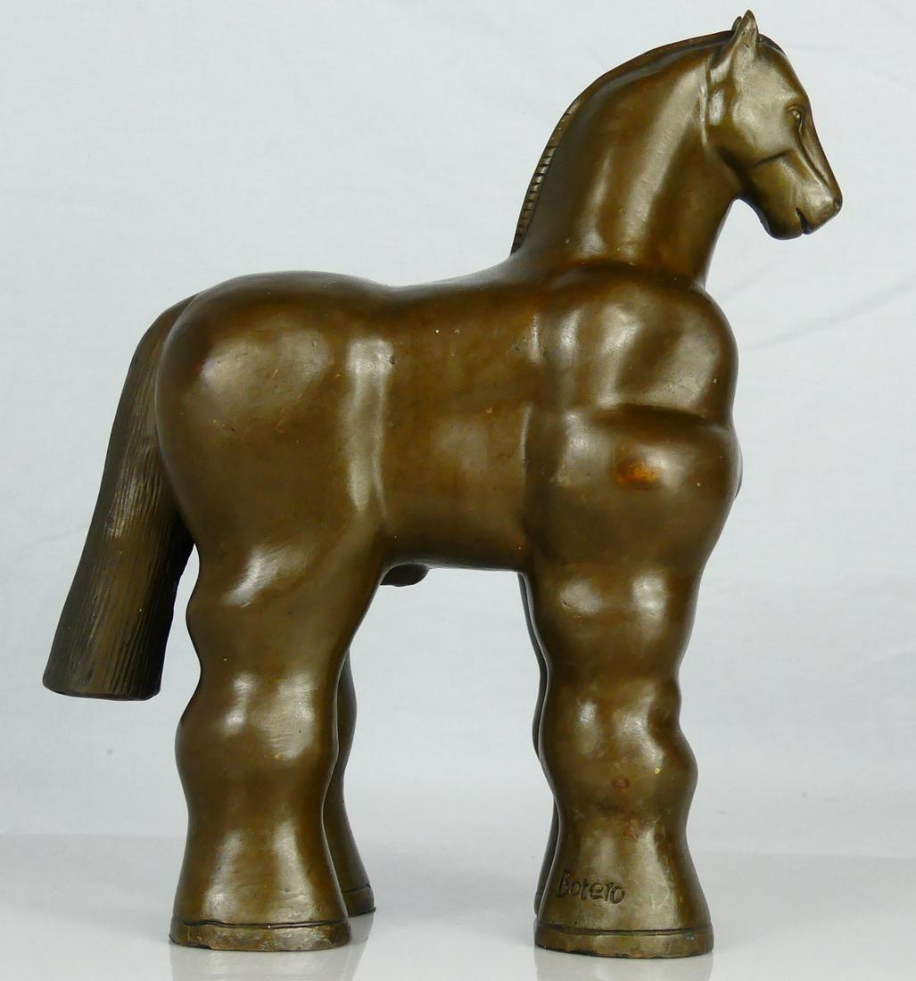 FERNANDO BOTERO BRONZE HORSE SCULPTURE: Bronze sculpture of a horse after Fernando Botero. Signed to front right leg. Measures 10" height x 8 1/2" length.