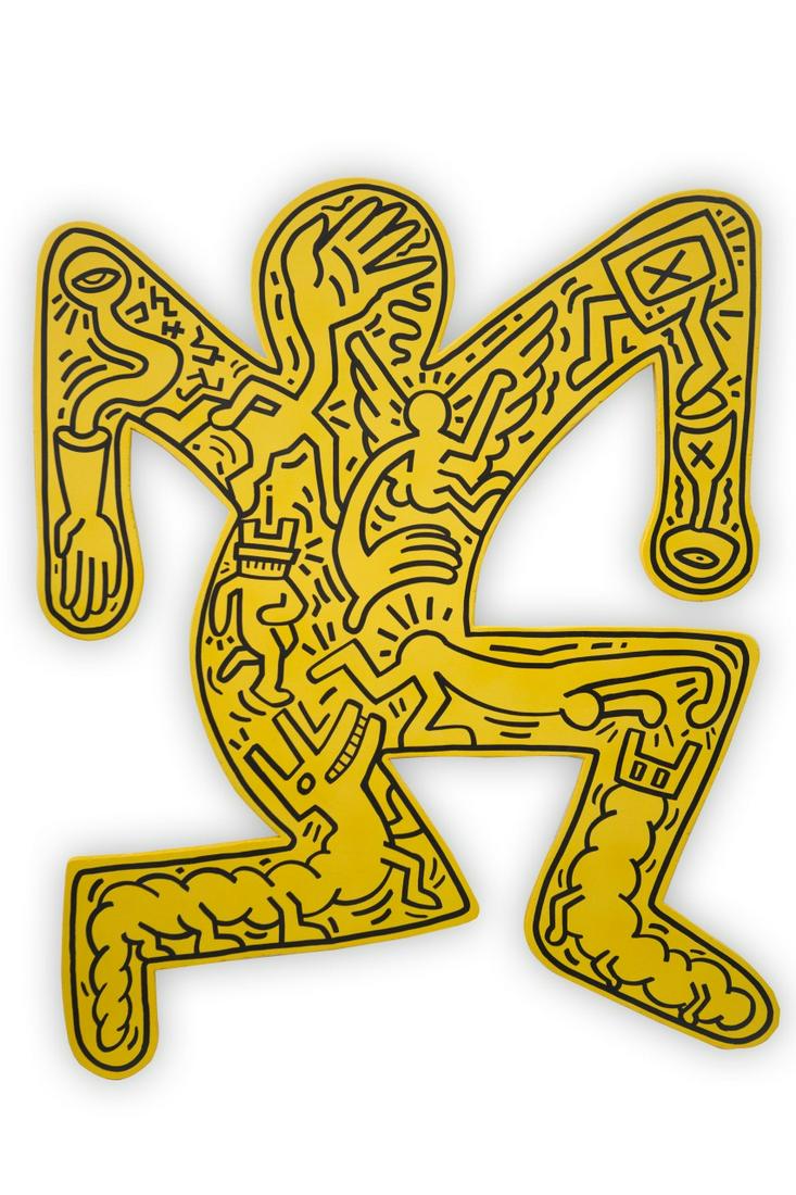 KEITH HARING CARVED & PAINTED WOOD SCULPTURE: Keith Haring (American, 1958-1990) carved and painted wood sculpture of a figure. Black painting over a yellow ground. Signed and dated 1989 to verso. Marked Tony Shafrazi Gallery, New York. Measures 