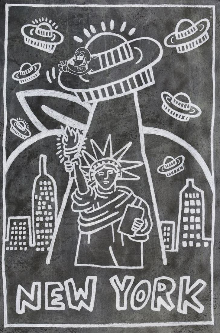 KEITH HARING NEW YORK SUBWAY SERIES CHALK DRAWING: Chalk drawing on black paper depicting a flying saucer "beaming up" the Statue of Liberty. Six additional flying saucers above The Big Apple and various buildings. Inscribed 'New York'. Initialed KH u
