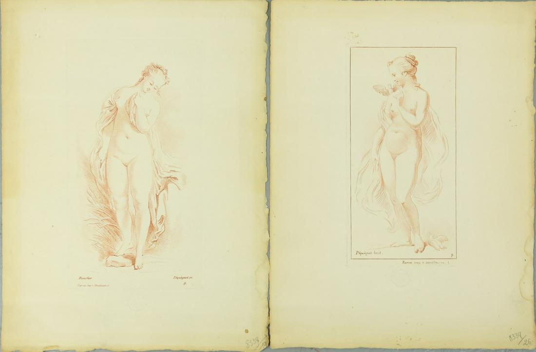 2pc FRANCOIS BOUCHER SEPIA ETCHINGS: Set of 2 sepia etchings after After Francois Boucher and Auguste Pequegnot. Each holds Musee de Louvre blindstamp lower center. Each sheet measures 13" x 10".
