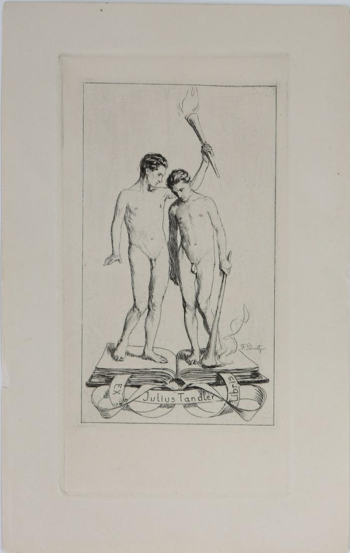 FERDINAND SCHMUTZER 'EX LIBRIS JULIUS TANDLER': Ferdinand Schmutzer (Austrian, 1833-1915) bookplate print titled Ex Libris Julius Tandler. Signed in the plate lower right. Circa 1919. Sheet measures 7 3/4" x 5".