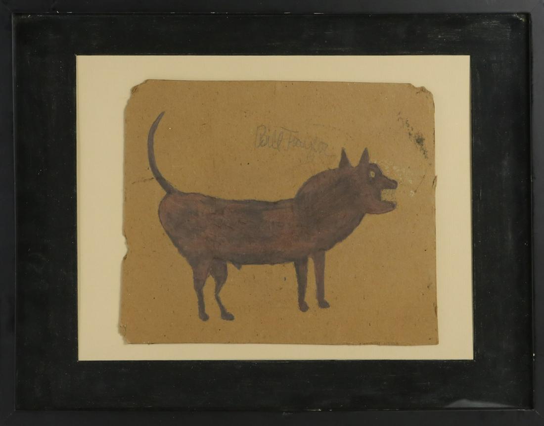 BILL TRAYLOR 'BROWN DOG' MIXED MEDIA ON CARDBOARD: Graphite and paint on cardboard attributed to Bill Traylor (American, 1854-1947). Titled 'Brown Dog'. Signed in pencil upper center. Measures 10 3/4" x 9" + 4" mat & frame.