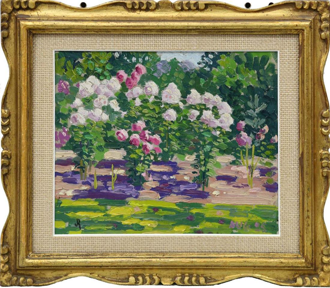 JOSEPH RAPHAEL 'ROSE GARDEN' OIL PAINTING ON BOARD: Joseph Raphael (American, 1869-1950) oil painting on board depicting a rose garden. Monogrammed lower left. Measures 9 1/4" x 7 1/4" + 2" frame.