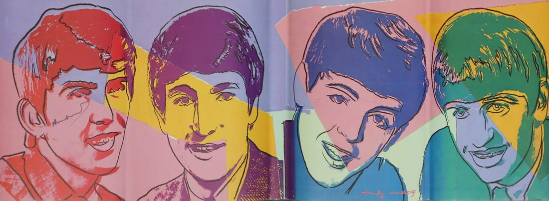 ANDY WARHOL SIGNED BEATLES DUST JACKET LITHOGRAPH: Andy Warhol 'The Beatles #1' color offset lithograph dust cover. Signed in marker to leftmost image. Measures 35 3/4" x 12 1/4".