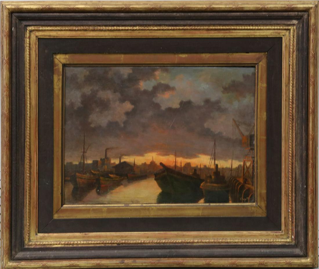 ARMAMDO REPETTO OIL PAINTING ON BOARD: Armando E Repetto (Argentinean, 1893-1968) oil painting on wood panel depicting a sunset harbor scene. Signed lower right. Measures 21 1/4" x 15 1/2" + 7" frame.
