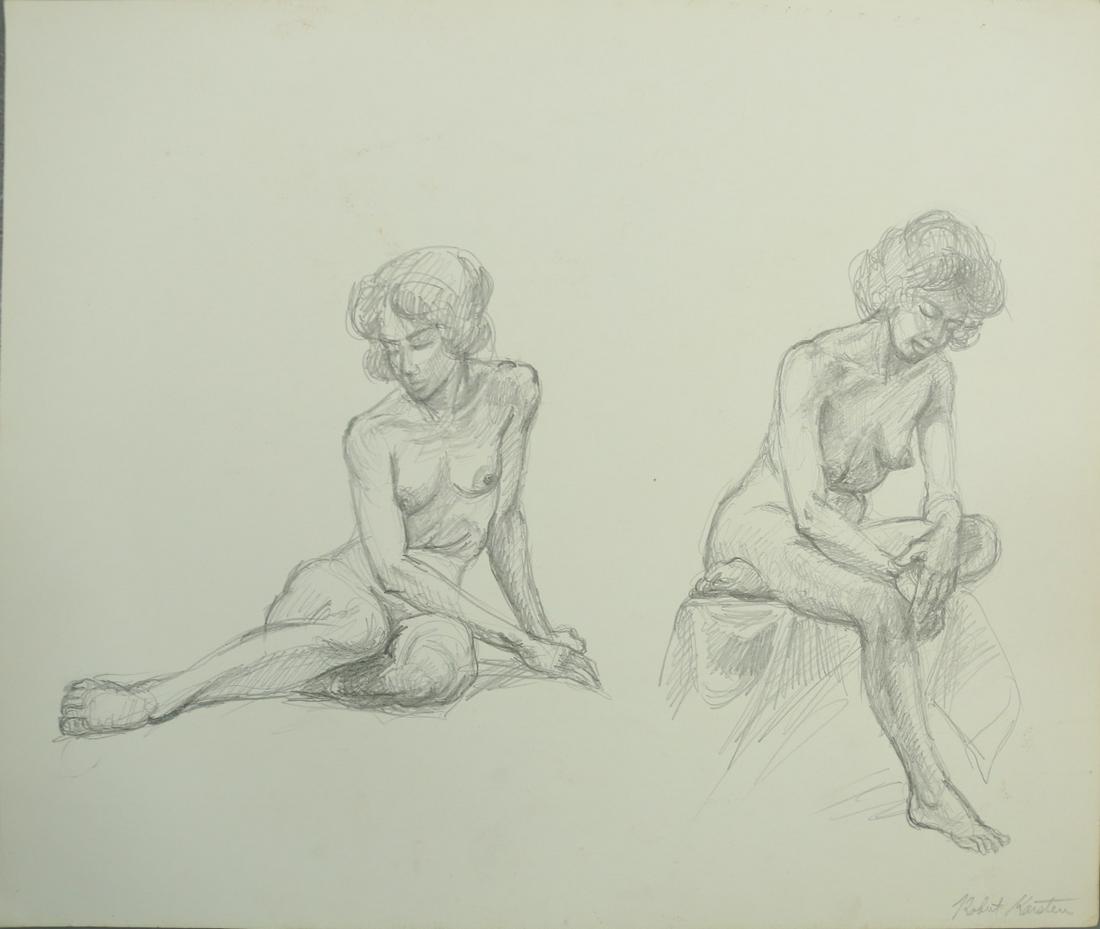 ROBERT KARSTEN 'NUDE STUDY' PENCIL ON PAPER: Robert Karsten (American, 1943-1996) pencil drawing on paper depicting the study of a seated nude woman. Pencil signed lower right. Measures 17 5/8" x 14".