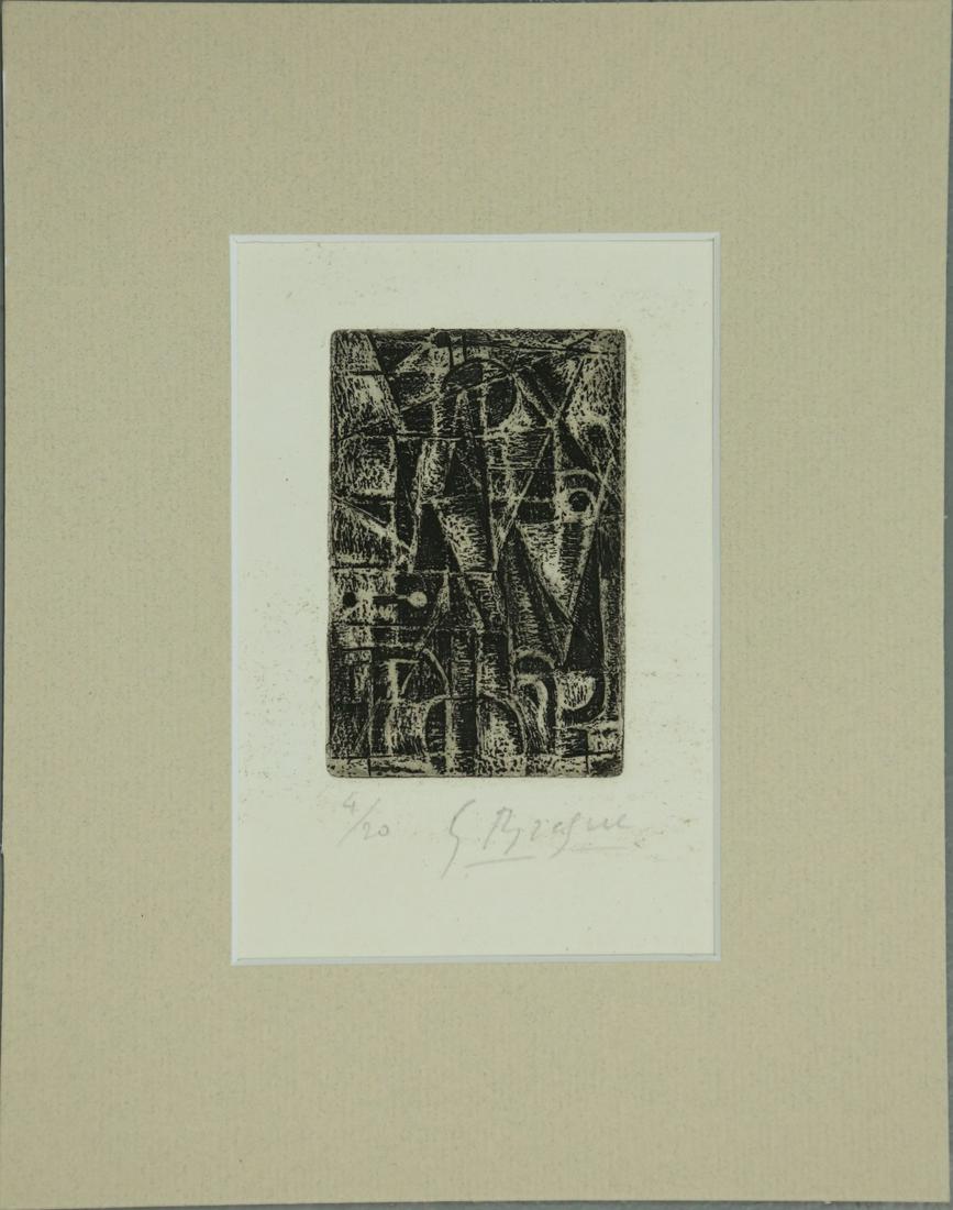 GEORGES BRAQUE ETCHING SIGNED: Georges Braque (French, 1882-1963) etching. Pencil signed lower right. Numbered 4/20 lower left. Plate size 3 1/2" x 2 1/4". Sheet size 8 3/8" x 7 1/4".