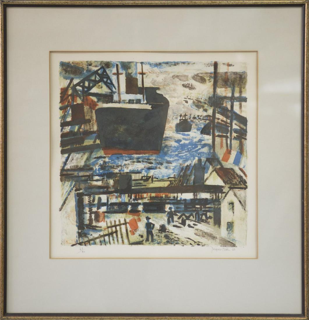 JACQUES PETIT 'HARBOR SCENE' LITHOGRAPH: Jacques Petit (French, b. 1925) lithograph depicting a harbor scene with figures. Pencil signed and dated 1961 lower right. Numbered 43/90 lower left. Measures 17 3/4" x 17 3/4" + 4 1/4" mat & frame.